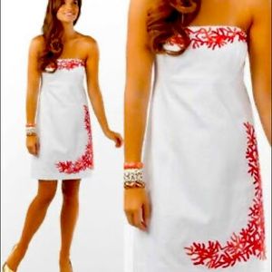 Lilly Pulitzer Bowen Resort White Lorax panel embroidery strapless dress.